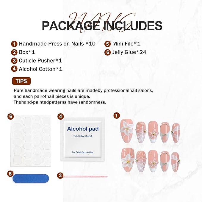 Handmade French Tips Press On Nails Almond, Cute 3D Flowers Rhinestone Design Fake Nails Short, Salon-Quality Reusable, Gift for Women, 10PCS Pink