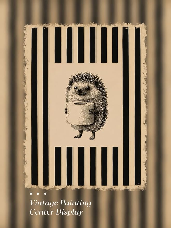 Gold Framed Wall Art, Funny Bathroom Hedgehog Canvas Prints, Vintage Hedgehog Holding Toilet Roll Picture Wall Decor, Striped Cute Animal Artwork for Bathroom Toilet Restroom 12x16 inch