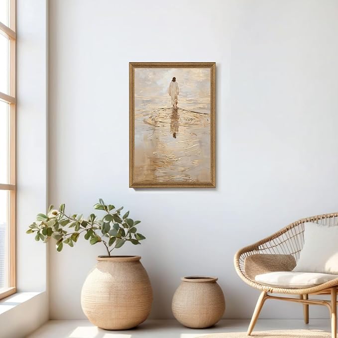 Fantasy Artists Christian Wall Art – Jesus Walking on Water Inspirational Painting, Warm Gold Faith Artwork for Home & Prayer Room, Religious Decor Symbolizing Hope, Trust & Divine Strength, 20W X 30H