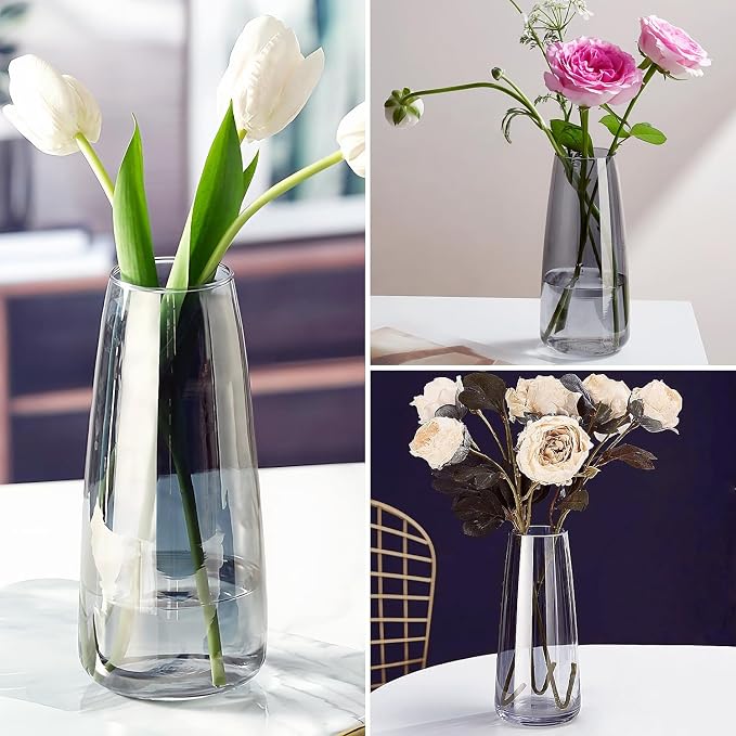 Modern Glass Flower Vase for Home Decor Table Centerpiece, 8.3inch H, Gray | Glass Vases for a Dozen of Flowers, Floral Arrangement,Minimalist Vase for Dinner Table Mantel Entryway Shelf Reception Decor