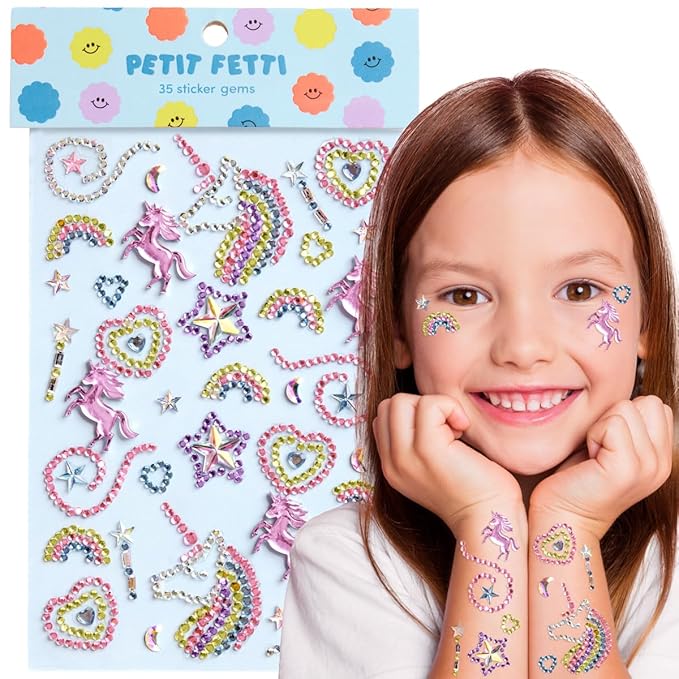 xo, Fetti Unicorn Face Gems, Rainbow - 35 pcs. | Cute Magic Face Stickers, Heart Birthday Rhinestone Accessory, Rainbow Decorations, Starlight Gems