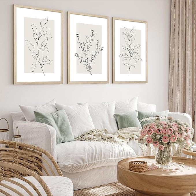 Neutral Botanical Prints Wall Art Decor Plant Minimalist Canvas Pictures Vintage Beige Wall Art Modern Farmhouse Line Poster Boho Abstract Painting Artwork for Bedroom 16x24 Inch Framed Set of 3