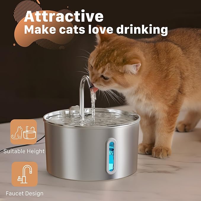 74oz Cat Water Fountain Stainless Steel for Drinking(6 Filters 3 Sponges) | 2.2L Pet Water Fountain for Cats Inside, Automatic Cat Water Dispenser Bowl, with Faucet Water Level Window, Ultra Quiet Pump