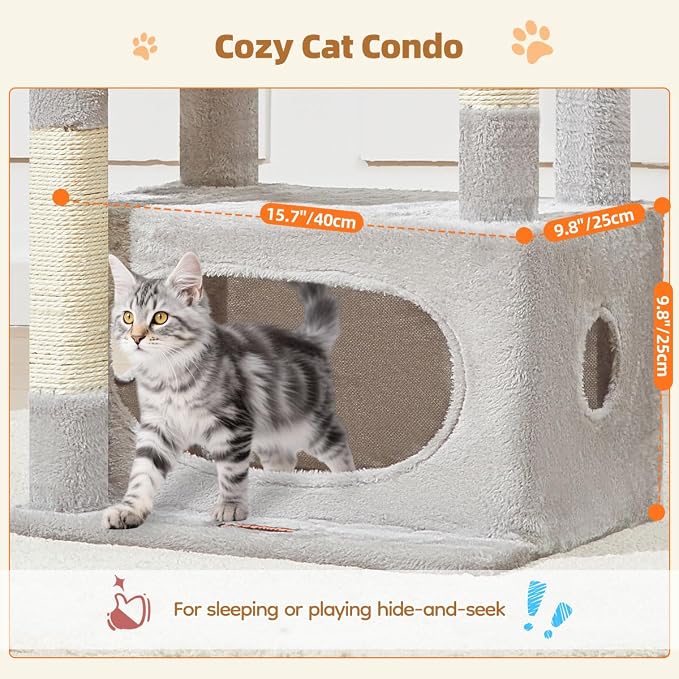 Taoqimiao Cat Tree, 38.5In Cat Tower for Indoor Cats, Suitable for Kittens | Thick Padded Top Perch, Luxurious Cat Condo, Adjustable Basket, 1-Piece Ramp Scratcher, 3 Sisal Posts, Light Gray, MS029SW