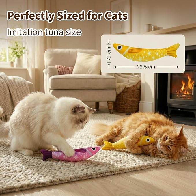 Cat Toys for Indoor Cats, Fish-Shaped Pillow, 2 Pack Yellow + Purple