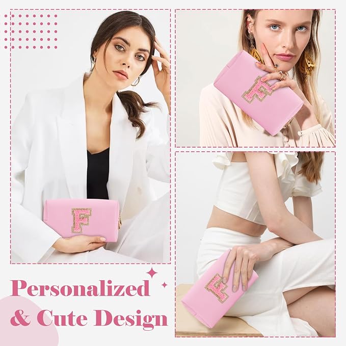 Personalized Initial A-Z Preppy Patch Makeup Bag,Small PU Leather Chenille Letter Cosmetic Bag with Zipper for Teen Girls,Pink Cute Travel Toiletry Bag,Birthday Monogrammed Gift for Daughter,Letter F