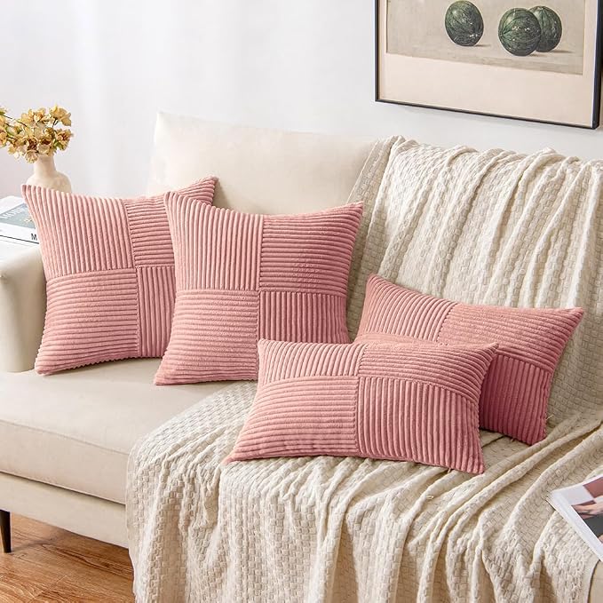 MIULEE Blush Pink Decorative Throw Pillow Covers for Couch 18x18 Inch | 2 Pack, Boho Farmhouse Pillow Covers, Soft Cross Corduroy Patchwork Textured Cushion Cases For Bed Sofa
