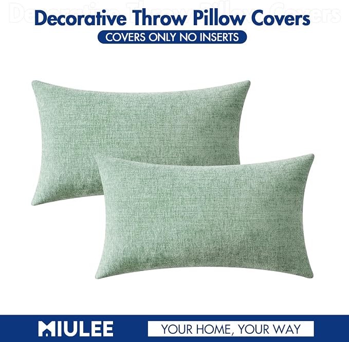 MIULEE Chenille Lumbar Throw Pillow Covers Greyish Green 12x20 Pack of 2 | Soft Modern Home Decor, Classic Decorative Pillows, Solid Dyed Cases, Boho Couch Cushion Covers for Sofa Bed Living Room