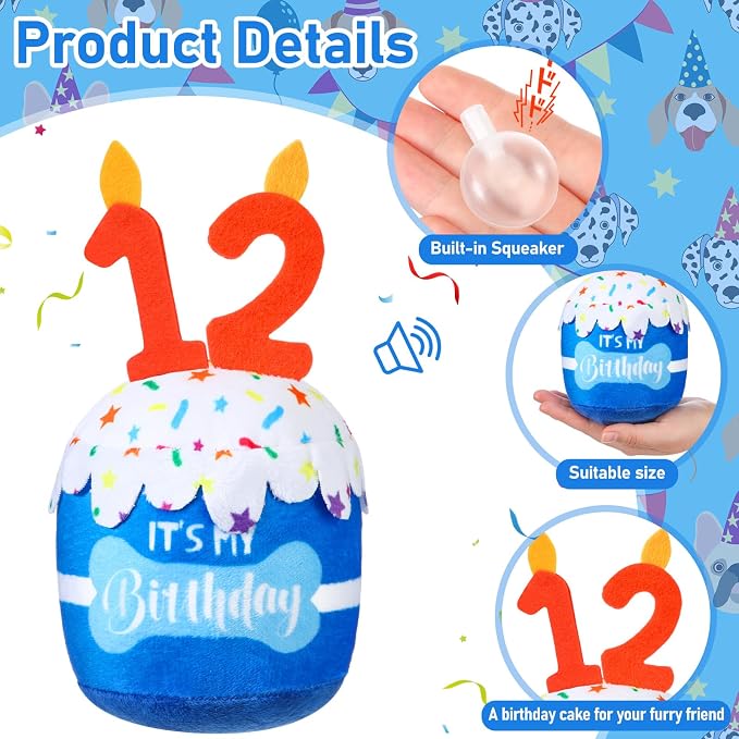 Dansydaisy Dog Birthday Cake Toy Squeaky Plush Gift,12th,Blue