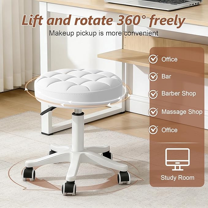 Small Rolling Stool with Wheels, PU Leather Height Adjustable Vanity Work Task Stool, 360 Swivel, Padded Seat Cushion, for Salon, Home, Office