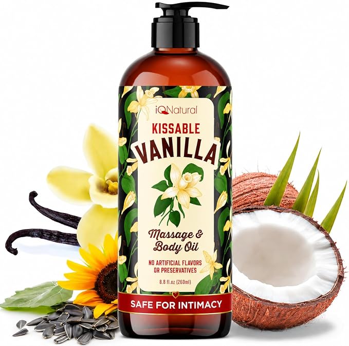 Edible Massage Oil Safe for Genitals - Warming Massage Oil for Date Night, Couples Intimacy - Flavored Edible Body Oil Safe for Private Area, Vanilla 8oz