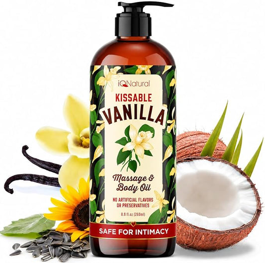 Edible Massage Oil Safe for Genitals - Warming Massage Oil for Date Night, Couples Intimacy - Flavored Edible Body Oil Safe for Private Area, Vanilla 8oz