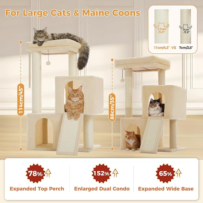 PAWZ Road Large Cat Tree, 45" Heavy Duty Cat Tower with Dual Condos, Beige | thick scratching posts(φ4.3"), 21"x21" spacious perch, large scratching ramp, dual condos for large&maine cats