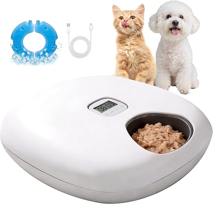 PetPrime 6-Meal Automatic Cat Feeder with Two Ice Packs,Cordless Rechargeable Cat Food Dispenser for Cats and Small Dogs Wet Food Auto Pet Feeder White