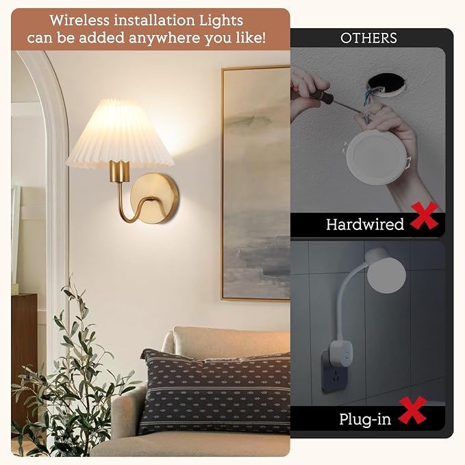 Wireless Wall Sconce Sets of 2, Pleated Shades Rechargeable Battery Operated Wall Sconce, Retro gooseneck Gold Wall Lights Bathroom Vanity Sconces, Wall Mounted Lamps for Bedroom Living Room Kitchen