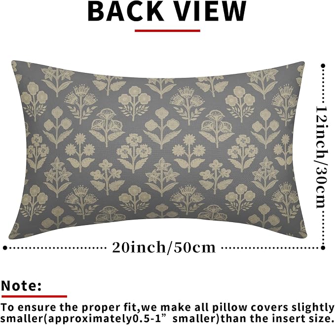 Grey Gray Pillow Covers 12x20 Inch Set of 2, Cream Floral Block Print Pattern Lumbar Decorative Throw Pillowcases Outdoor Farmhouse Rectangle Cushion Covers Spring Summer Sofa Couch Bed Decor