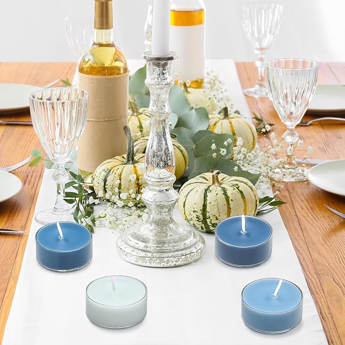 Honoson 12 Pack Blue Tea Lights Candles Blue Round Tea Light Natural Wax Scented 6 Scents Conversation Candle for Spring Easter Wedding Engagement Gifting Aromatherapy Anniversary Summer Home Decor