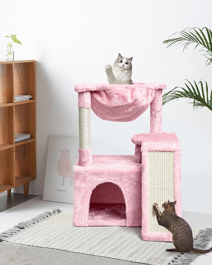 SYANDLVY Cat Tree for Indoor Cats Large Adults, Modern Activity Tower with Scratching Posts & Board, Condo with Plush Perch, Climbing Stand with Cradle & Hanging Ball for Play, Pink