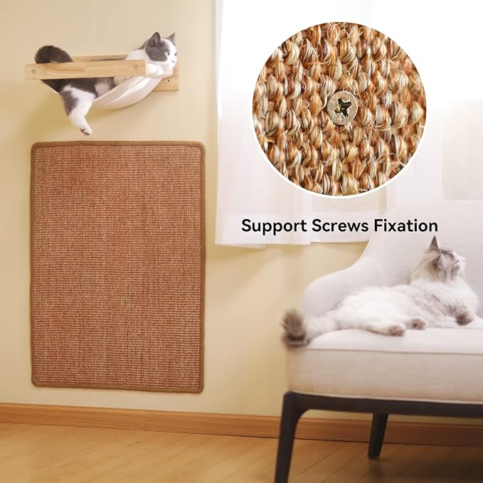 FUKUMARU Cat Scratcher Mat, 23.6 X 15.7 Inch Natural Sisal Cat Scratch Mat | Horizontal Cat Scratching Pad Mat Floor Rug with Sticky Tapes, Cat Wall Scratcher for Indoor Cats, Protect Couch and Carpet