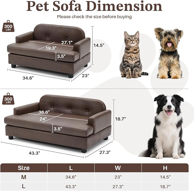Luxury Dog Sofa Bed Elevated Pet Couch with Durable Waterproof Leather | Dog Couch with Orthopedic Sponge, Modern Furniture Style Dog Lounge & Pet Bedside Step, for Small/Medium Dogs/Cats, Gray