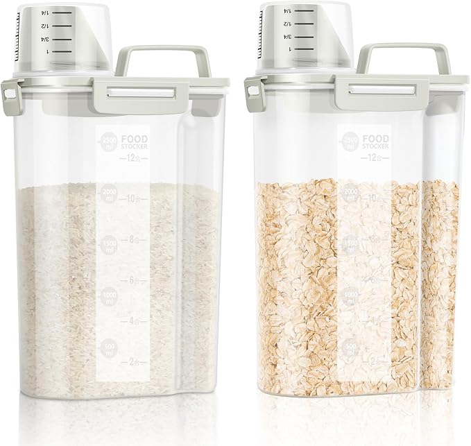 LEAWALK Airtight Rice Storage Container, Cereal Dry Food Flour and Sugar Bin, Dog Cat Food Dispenser with Measuring Cup, BPA Free Clear Plastic Kitchen (White x 2, 3L-2pack)