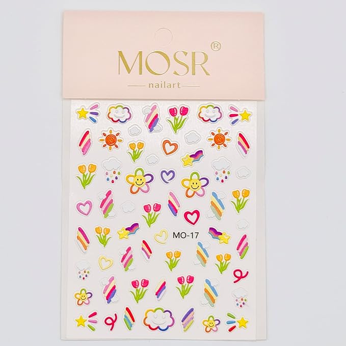 3D Embossed Korean Style Spring Bloom Nail Art Stickers, Flowers, Butterflies, Bunnies, Rainbow, Hearts, Self-Adhesive, Easy DIY for Everyday Outfit, Rainbow+Flower, 2 Pack