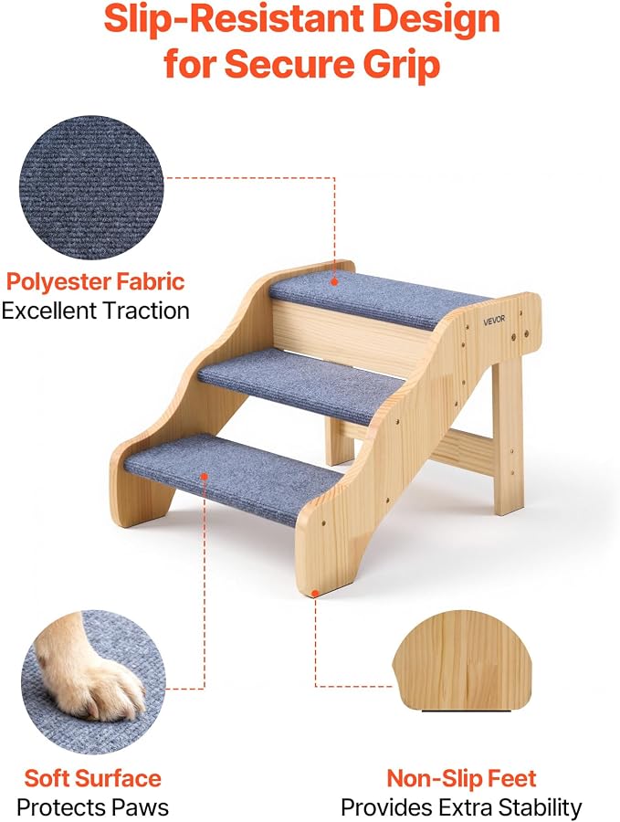 VEVOR Wood Pet Stairs, 3-Step Dog Stairs for High Beds, Sofa & Cars, 150lbs Load Capacity, Non-Slip Surface, Stable Cat & Dog Step Ladder for Small Medium Large Older Pet Puppy Essentials