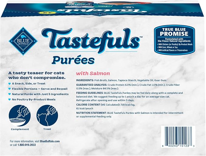 Blue Buffalo Tastefuls Purees Salmon Cat Food Topper, 3 oz, 12 ct | Resealable Twist Cap, Serve Over Food or as a Snack, Cat Food Complement