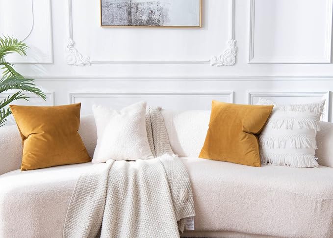 Throw Pillow Covers Set of 2 Velvet Cushion Covers 14x14,Mustard Yellow | Decorative Pillow Covers with Invisible Zipper for Couch Sofa Bed Living Room Bedroom Home Decor