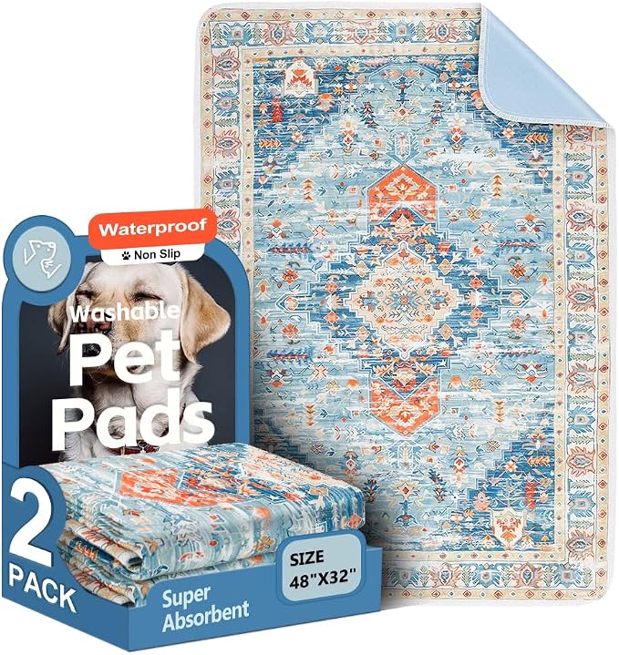 Washable Pee Pads for Dogs, 2 Pack Reusable Puppy Training Pads 48"x32" Super Absorbent Waterproof Dog Training Pads, Non-Slip Potty Pads, Whelping Pads Litter Mat Blue/Mix