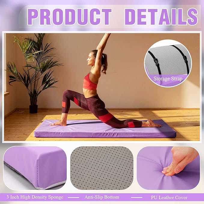 Lyrow 3 Inch Thick Yoga Mat, 72 x 24 Inch Cushioned Foam Floor Mat with Carry Strap, Non Slip PU Leather Workout Pad for Pilates, Stretching, Restorative Yoga and Home Gym