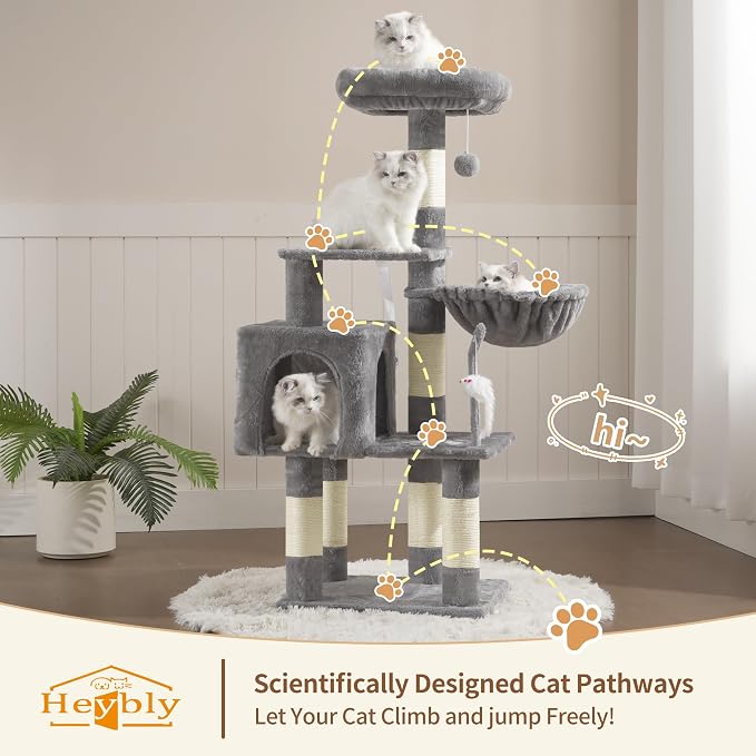 Heybly Cat Tree with Toy, 43.3 inch Cat Tower for Indoor Cats HCT004SW | Cat Condo with Durable Sisal Scratching Posts, Cat House with Padded Plush Perch, Cozy Hammock, Light Gray