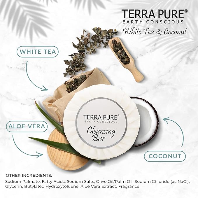 Terra Pure White Tea & Coconut Soap | Travel Size Toiletries Bulk Set for Hotel Essentials | 1.25 oz Bar Soap | 300 Pieces