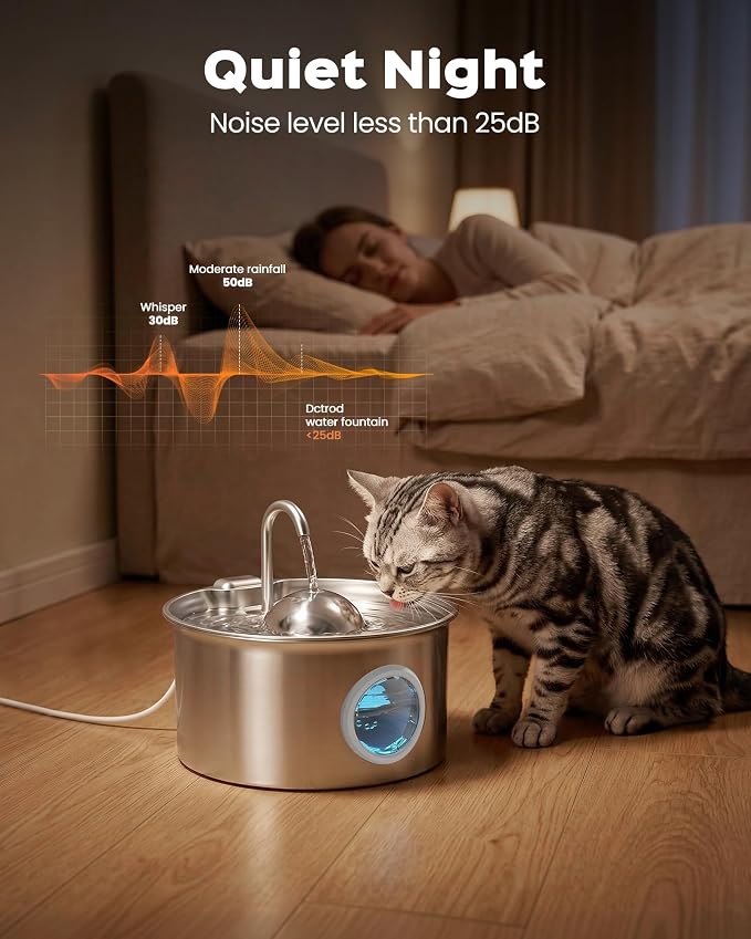 Cat Water Fountain Stainless Steel: Pet Water Fountains for Cats Indoor - 88oz/2.6L Cat Fountains for Drinking - Quiet Hemispherical Shape - Automatic Pet Fountain Bowl Dispenser- Small Animals