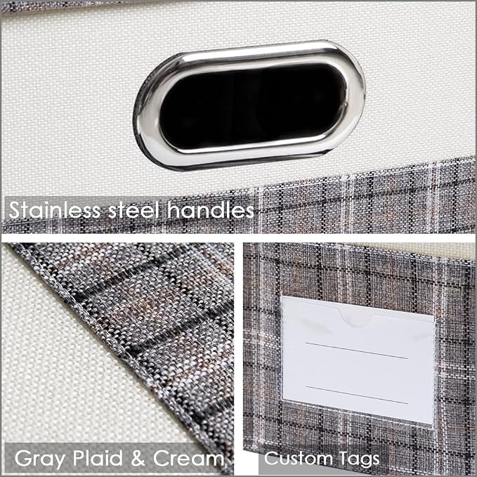 Large Collapsible Storage Bins with Lids [3-Pack] Fabric Foldable Storage Boxes Organizer Containers Baskets Cube with Cover for Home Bedroom Closet Office Gray plaid & Cream(17.7x11.8x11.8)