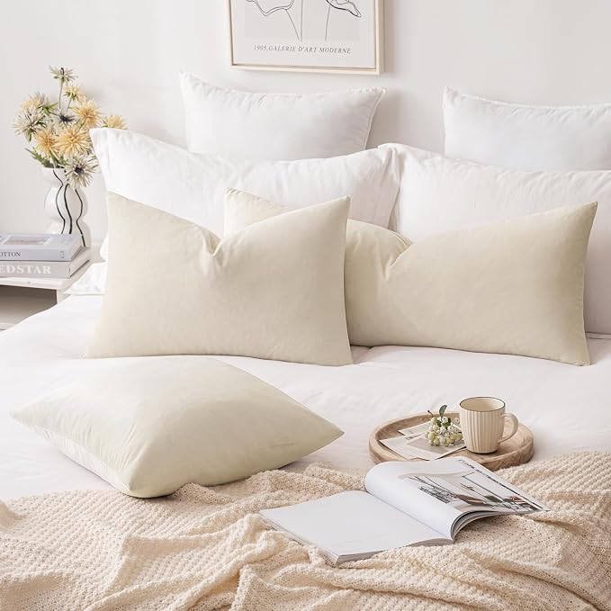 MIULEE 12x24 Inch Lumbar Velvet Throw Pillow Cover Set of 1 Cream White | Soft Luxury Decorative Throw Pillow Cover, Single Rectangle Cushion Case, Home Decor for Chair Couch Sofa Bedroom Car Bed