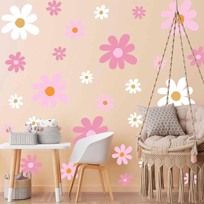 TaoBary 12 Sheet Daisy Wall Sticker Decal,Pink Color,Vibrant Style | Big Flower Wall Sticker, Pink White Floral Decal, Daisy Bedroom Room Decor, Removable Peel and Stick, Nursery Home Wall Decor
