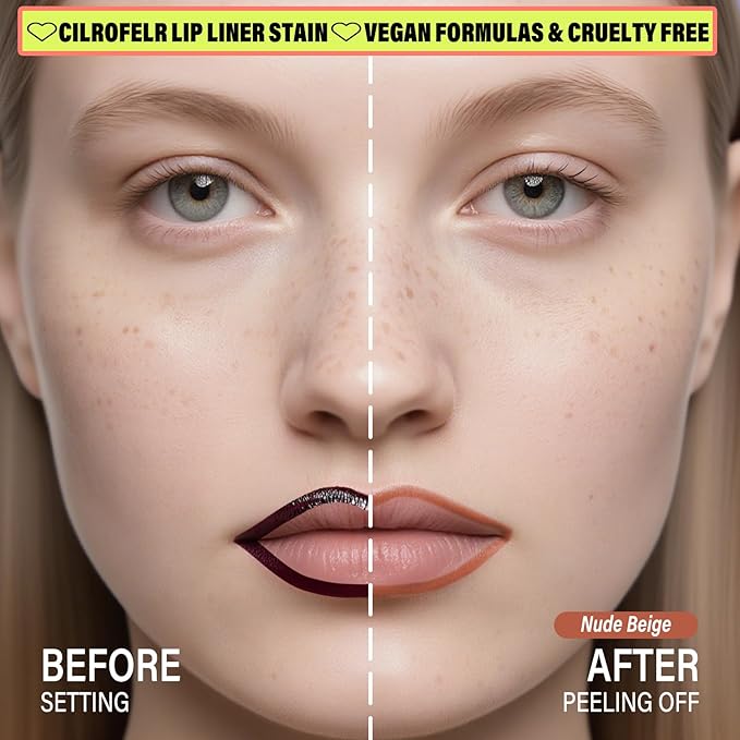 Cilrofelr 2 Colors Lip Liner Stain Peel Off Set with Tweezers - Long Wearing, Transfer Proof, Matte Finish, Quick Plump Lip Effect, Peel Off Lip Stain for All Skin Tones (Nude Pink + Nude Beige)