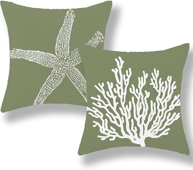 Coastal Pillow Covers 18x18 Set of 2 Sage Green Coral Starfish Throw Pillows Nautical Ocean Decorations Spring Summer Beach Pillowcase Outdoor Decor Linen Farmhouse Cushion Case for Home Sofa