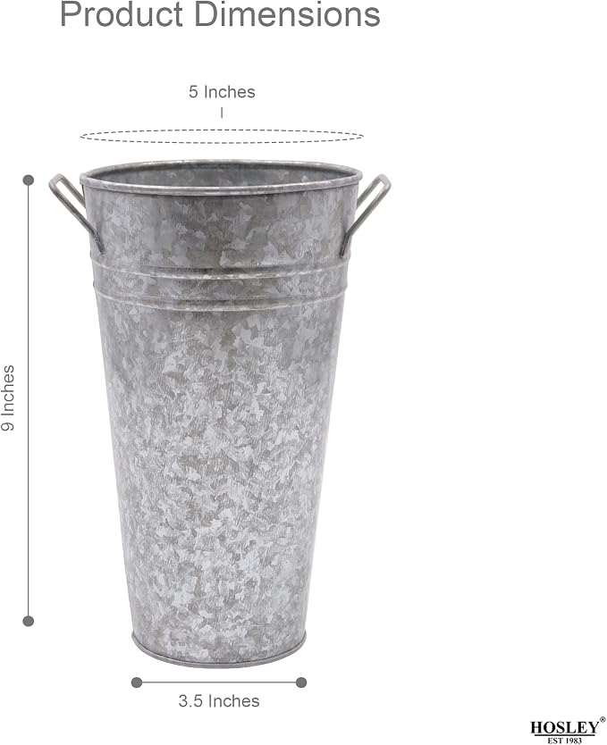 Hosley Set of 2 Galvanized Bucket/Pot Vase with PVC Liner, 5" Dia x 9" H Ideal Gift for Floral Arrangements Wedding Home Office Party DIY Indoor Outdoor Garden Patio