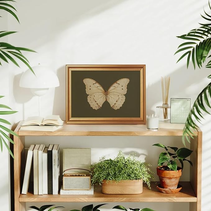 JLTULT Gold Framed Butterfly Wall Art, Dark Green Canvas, 12 x 16 Inches | Ivory butterfly art on fade-resistant dark green canvas with a ready-to-hang gold-tone PS frame for bedrooms and offices