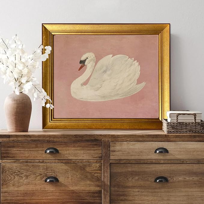 Vintage Gold Framed Wall Decor White Swan Canvas Print Farmhouse Pink Wall Art Cute Swan Painting Artworks for Girly Bathroom Decor Living Room Bedroom