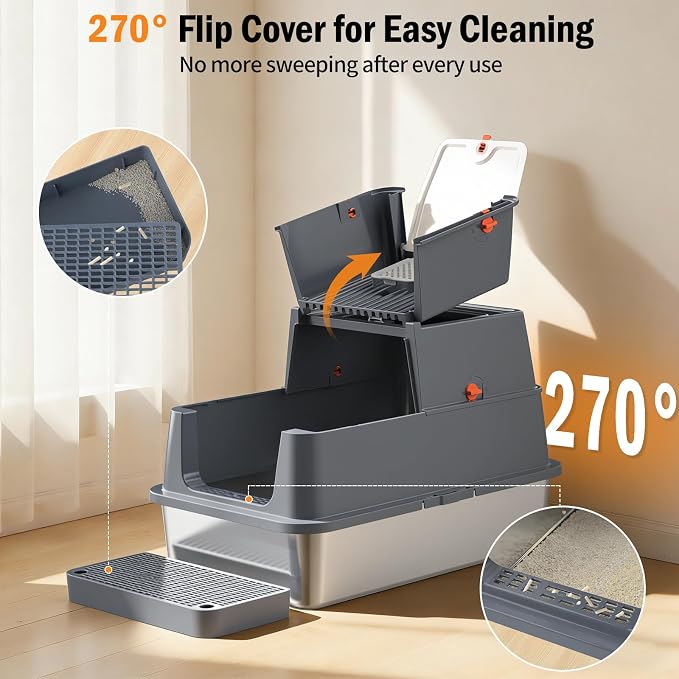 Stainless Steel Litter Box with Lid, Front Entry Top Exit Enclosed Metal Litter Box, Extra Large Flip-Top Kitty Litter Pan with Scoop & Pedal, Odor Control, Odor Free, Grey