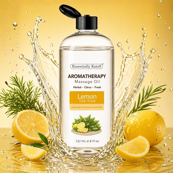 Aromatherapy Massage Oil – Tea Tree & Lemon – Lightweight, Non-Greasy Body Oil with Fractionated Coconut Oil – Fresh, Clean, Energizing – 8 fl oz