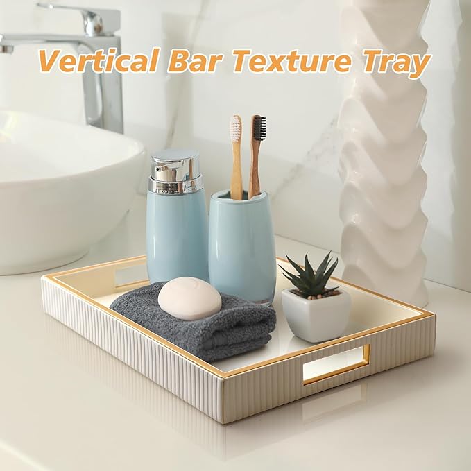 Leather Tray Desktop Storage Organizer, Rectangle Valet Tray, White | Premium Serving Trays with Handles, Decorative Tray Desk Organizer for Sundries Cosmetics Phone Wallet Keys Cutlery