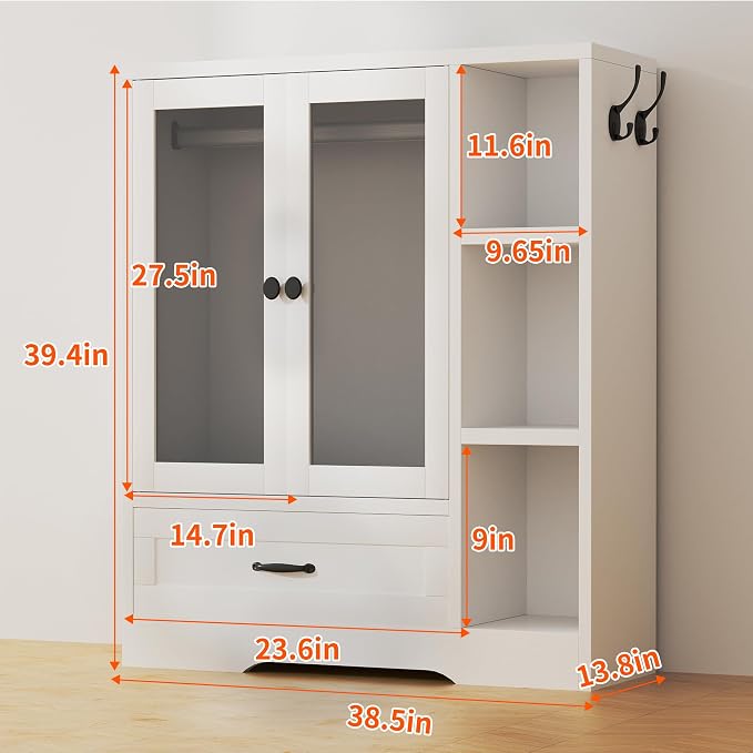 kepptory Large Pet Wardrobe Closet with LED Light, 3 Tiers Storage Shelves & Drawer, White Pet Clothes Organizer Cabinet with Hanging Rod, Multi-Functional Pet Closet for Dogs & Cats Clothing, Toys
