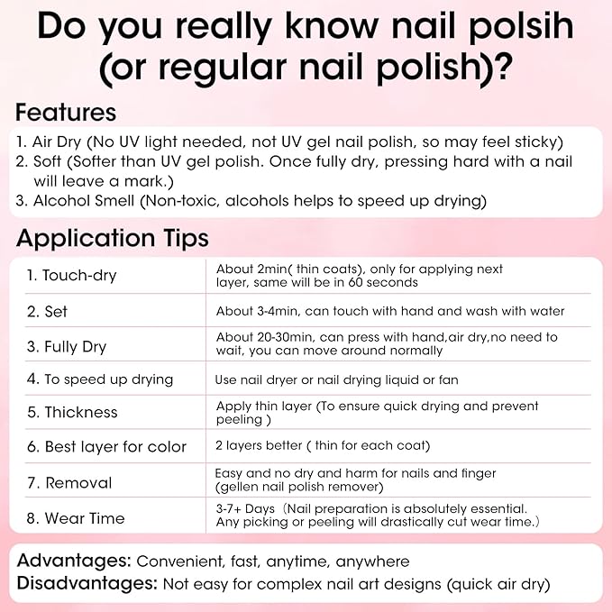 GELLEN Nude Pink French Nail Polish, Quick Air Dry Non-gel Regular Nail Polish No Light Needed for Finger Toe & Fake Nails | 6-color Spring Summer, Apply 2 Thin Coats | Toxin TPO HEMA Free, No Chip