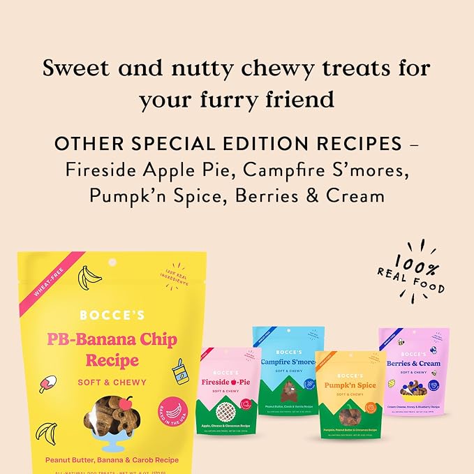 Bocce's Bakery PB Banana Chip Soft & Chewy Dog Treats (PB, Banana & Carob) | Oven Baked, Wheat-Free Everyday Dog Treat Cookies - Made with Real, Limited Ingredients and Baked in The USA (6 oz)