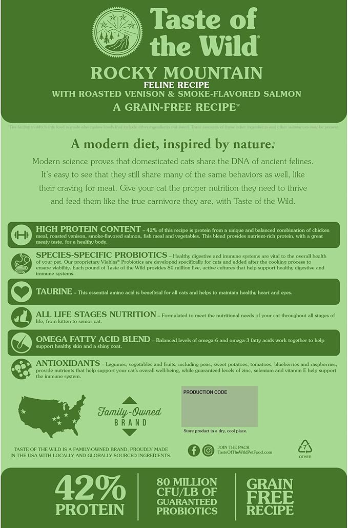 Taste of the Wild Rocky Mountain Dry Cat Food, Roasted Venison, 14lb | Kitten, Adult & Senior Cats | High Protein | Grain Free Recipe* | Nutrient Dense to Help Support Peak Health