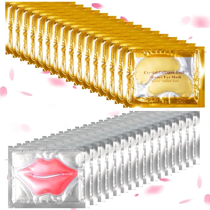 30 Pairs Lip Masks & Eye Masks, 24K Gold Crystal Gel Collagen Eye Pads, Under Eye Patches for Puffy Eyes, Dark Circles, Bachelorette Party Favors, Bridesmaid Gifts, Wrinkles and Fine Lines